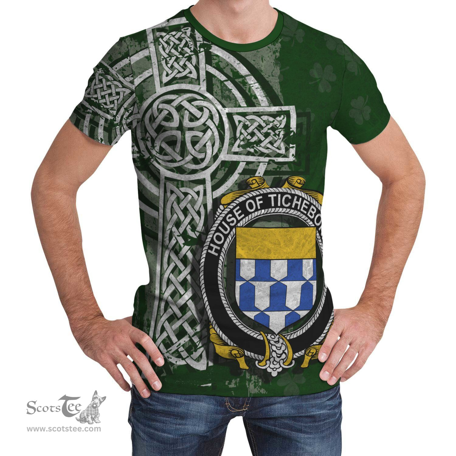 ScotsTee Shop Irish Ticheborne Coat of Arms Irish Family Crest T Shirt Irish Shamrock Celtic Cross Green T Shirt