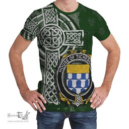 ScotsTee Shop Irish Ticheborne Coat of Arms Irish Family Crest T Shirt Irish Shamrock Celtic Cross Green T Shirt