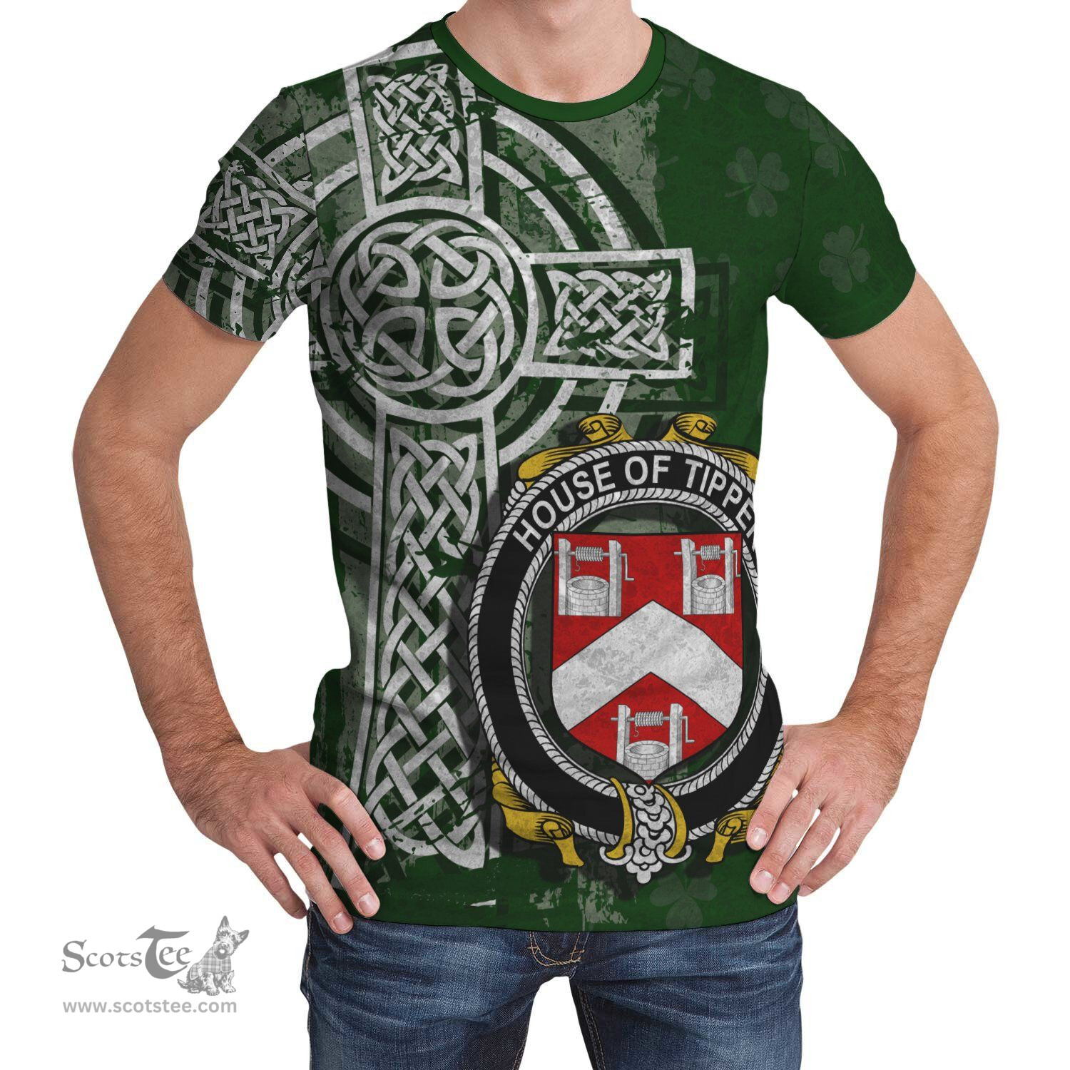 ScotsTee Shop Irish Tipper Coat of Arms Irish Family Crest T Shirt Irish Shamrock Celtic Cross Green T Shirt