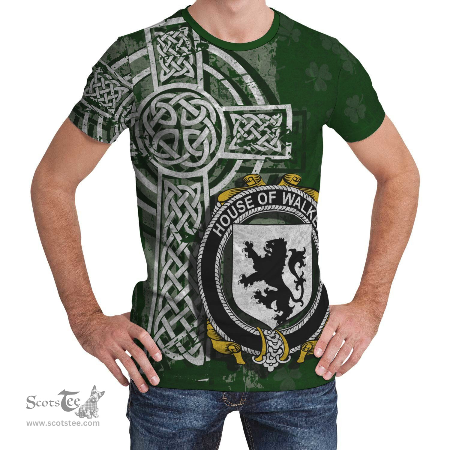 ScotsTee Shop Irish Walker Coat of Arms Irish Family Crest T Shirt Irish Shamrock Celtic Cross Green T Shirt
