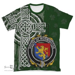 ScotsTee Shop Irish Wormington Coat of Arms Irish Family Crest T Shirt Irish Shamrock Celtic Cross Green T Shirt