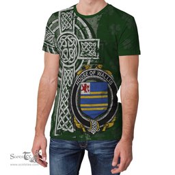 ScotsTee Shop Irish Wallis Coat of Arms Irish Family Crest T Shirt Irish Shamrock Celtic Cross Green T Shirt