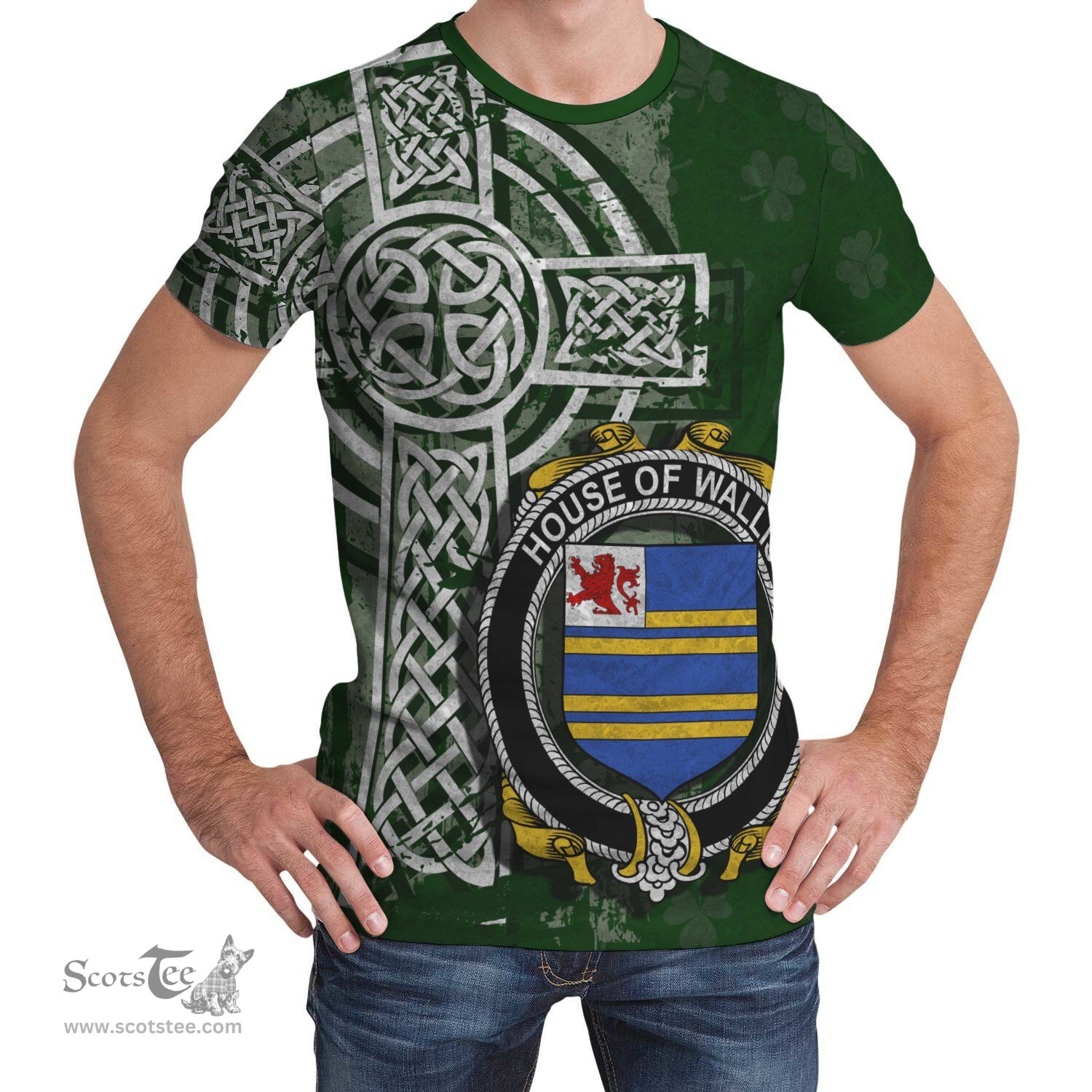 ScotsTee Shop Irish Wallis Coat of Arms Irish Family Crest T Shirt Irish Shamrock Celtic Cross Green T Shirt