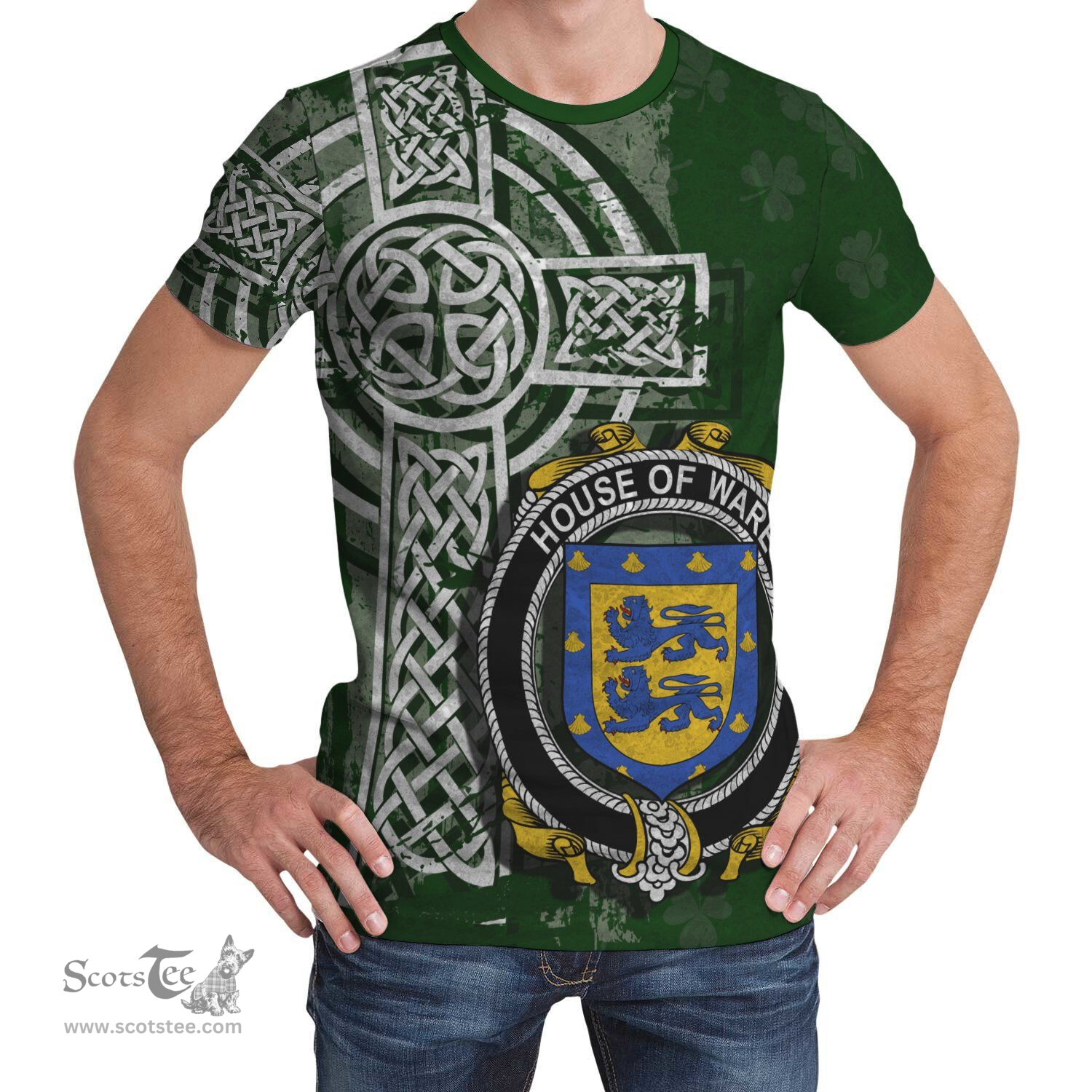 ScotsTee Shop Irish Ware Coat of Arms Irish Family Crest T Shirt Irish Shamrock Celtic Cross Green T Shirt