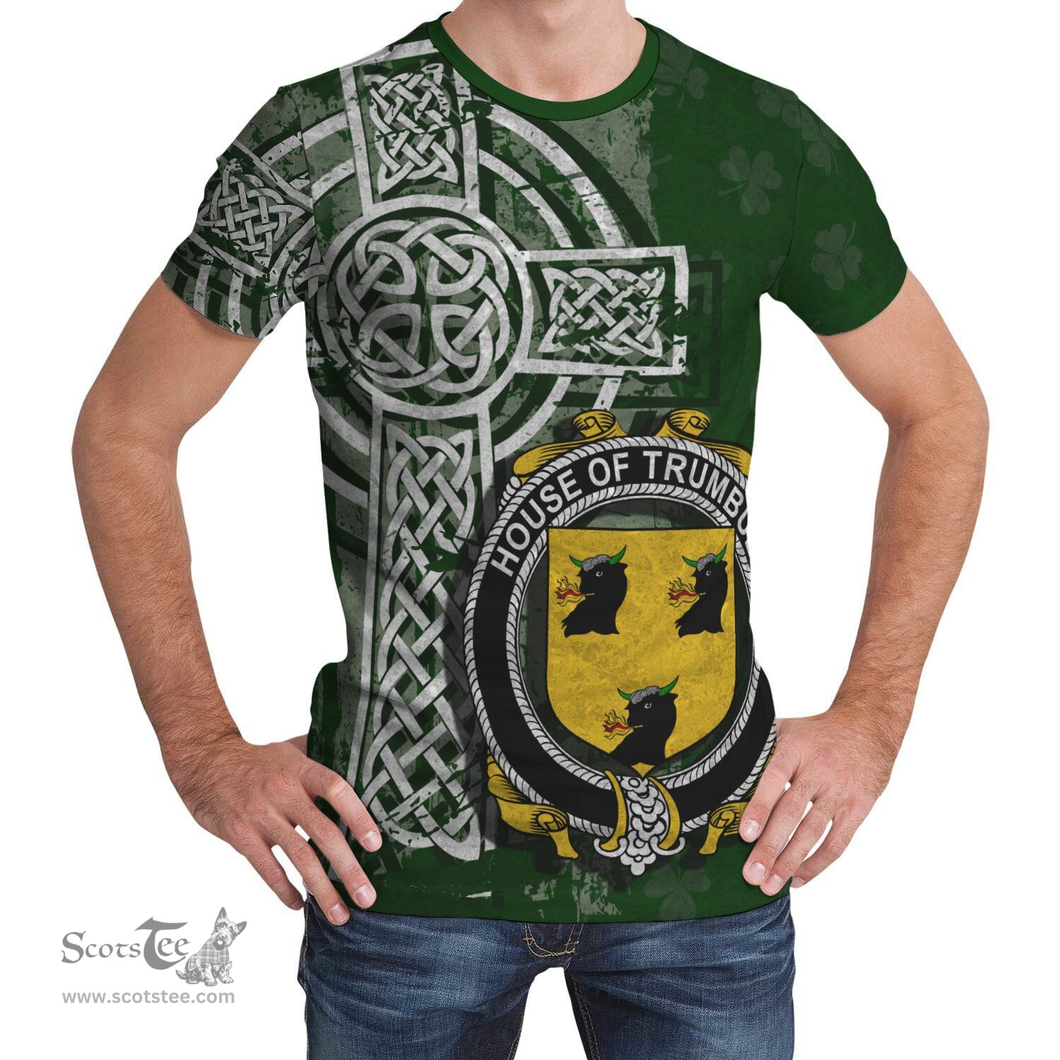 ScotsTee Shop Irish Trumbull or Turnbull Coat of Arms Irish Family Crest T Shirt Irish Shamrock Celtic Cross Green T Shirt