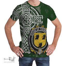 ScotsTee Shop Irish Trumbull or Turnbull Coat of Arms Irish Family Crest T Shirt Irish Shamrock Celtic Cross Green T Shirt