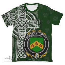 ScotsTee Shop Irish Turkey or MacCurley Coat of Arms Irish Family Crest T Shirt Irish Shamrock Celtic Cross Green T Shirt