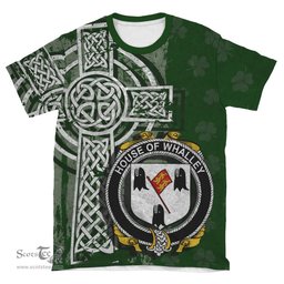 ScotsTee Shop Irish Whalley Coat of Arms Irish Family Crest T Shirt Irish Shamrock Celtic Cross Green T Shirt