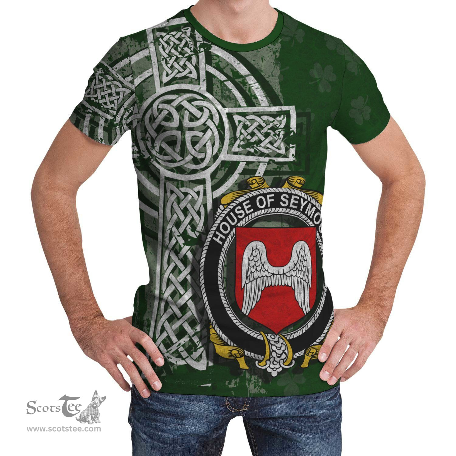 ScotsTee Shop Irish Seymour Coat of Arms Irish Family Crest T Shirt Irish Shamrock Celtic Cross Green T Shirt