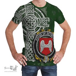 ScotsTee Shop Irish Seymour Coat of Arms Irish Family Crest T Shirt Irish Shamrock Celtic Cross Green T Shirt