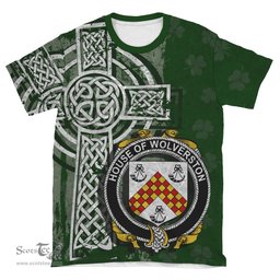 ScotsTee Shop Irish Wolverston Coat of Arms Irish Family Crest T Shirt Irish Shamrock Celtic Cross Green T Shirt