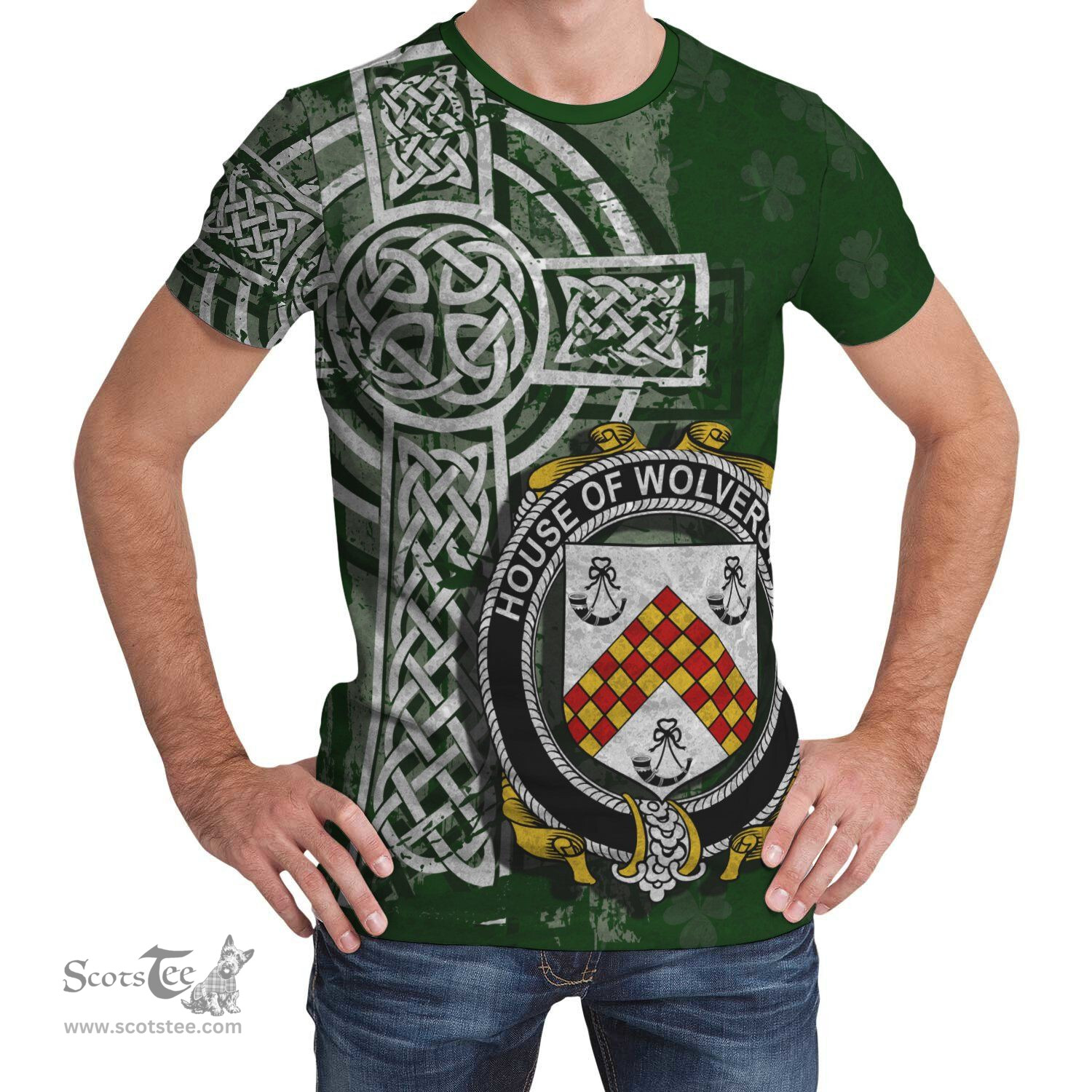 ScotsTee Shop Irish Wolverston Coat of Arms Irish Family Crest T Shirt Irish Shamrock Celtic Cross Green T Shirt
