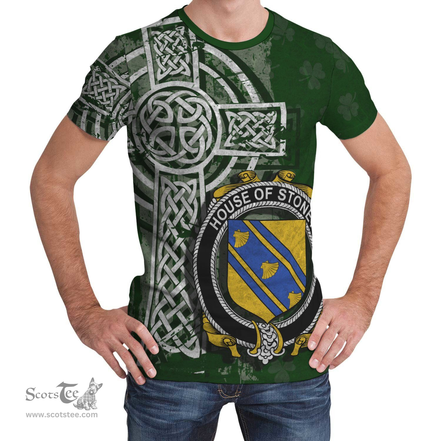 ScotsTee Shop Irish Stoney Coat of Arms Irish Family Crest T Shirt Irish Shamrock Celtic Cross Green T Shirt