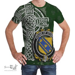 ScotsTee Shop Irish Stoney Coat of Arms Irish Family Crest T Shirt Irish Shamrock Celtic Cross Green T Shirt