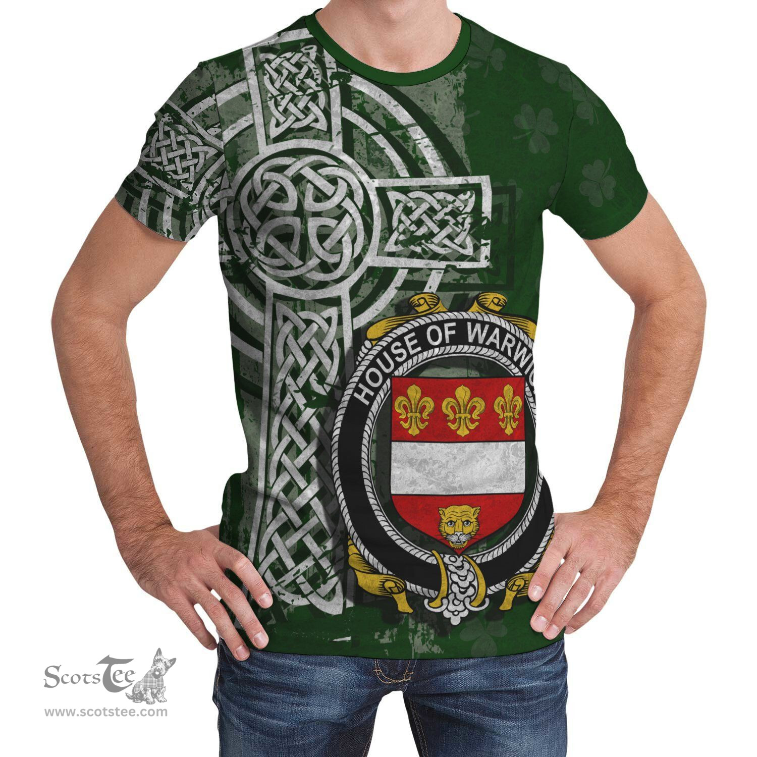 ScotsTee Shop Irish Warwick Coat of Arms Irish Family Crest T Shirt Irish Shamrock Celtic Cross Green T Shirt
