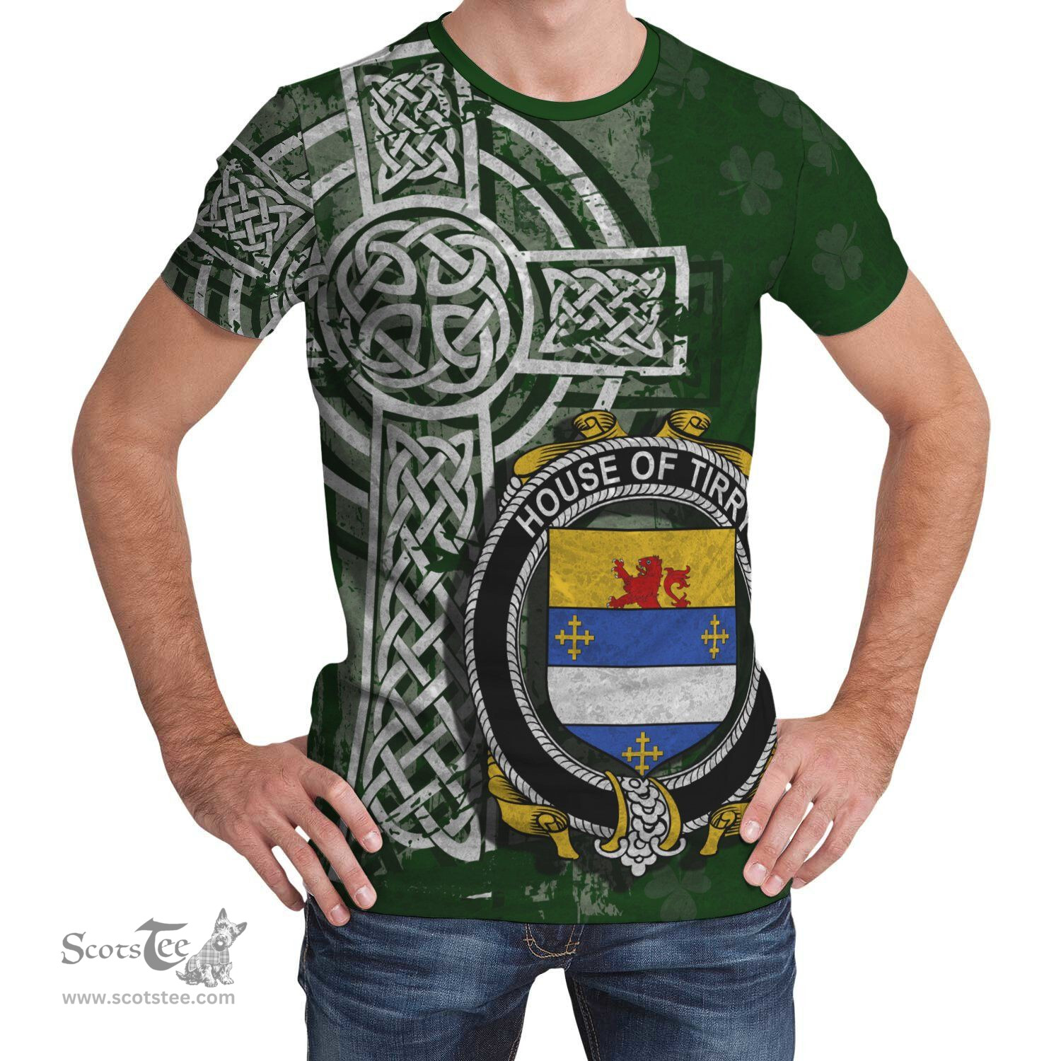 ScotsTee Shop Irish Tirry Coat of Arms Irish Family Crest T Shirt Irish Shamrock Celtic Cross Green T Shirt