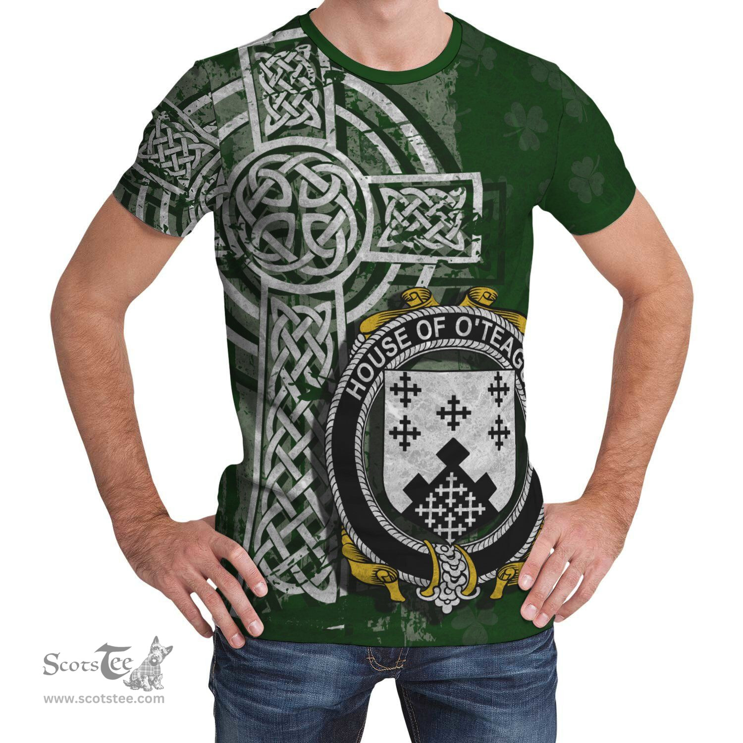ScotsTee Shop Irish Tighe or O'Teague Coat of Arms Irish Family Crest T Shirt Irish Shamrock Celtic Cross Green T Shirt