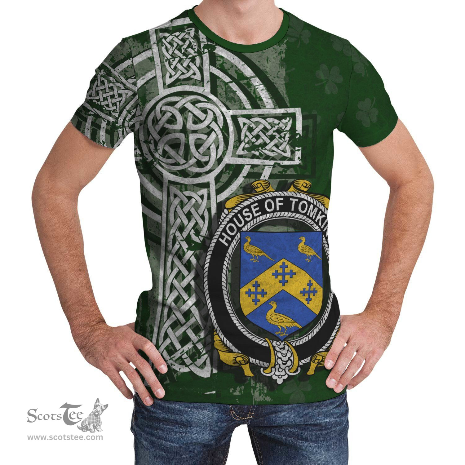 ScotsTee Shop Irish Tomkins Coat of Arms Irish Family Crest T Shirt Irish Shamrock Celtic Cross Green T Shirt