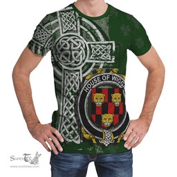 ScotsTee Shop Irish Wiggat Coat of Arms Irish Family Crest T Shirt Irish Shamrock Celtic Cross Green T Shirt