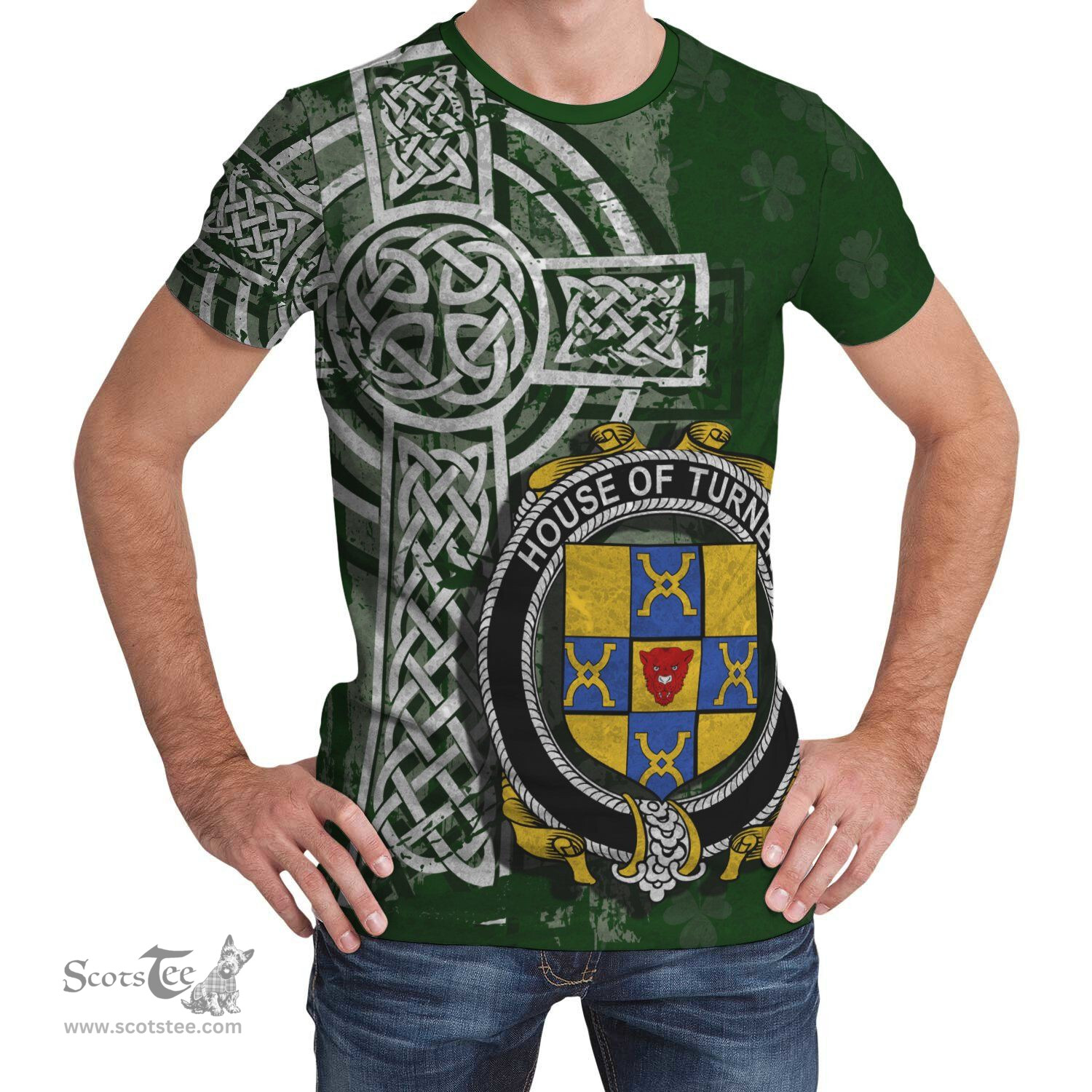 ScotsTee Shop Irish Turner Coat of Arms Irish Family Crest T Shirt Irish Shamrock Celtic Cross Green T Shirt