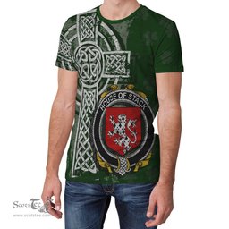 ScotsTee Shop Irish Stack Coat of Arms Irish Family Crest T Shirt Irish Shamrock Celtic Cross Green T Shirt