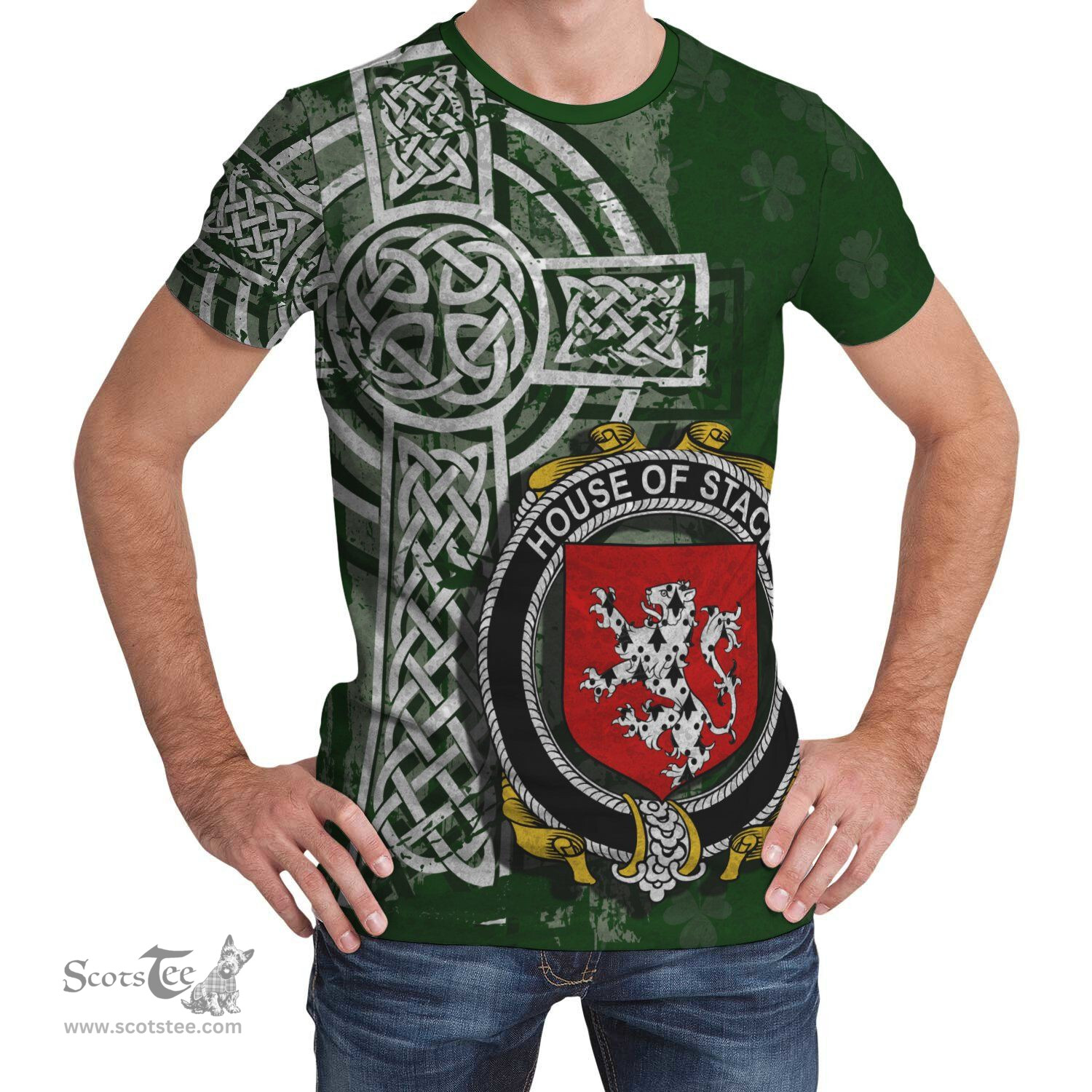 ScotsTee Shop Irish Stack Coat of Arms Irish Family Crest T Shirt Irish Shamrock Celtic Cross Green T Shirt