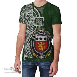 ScotsTee Shop Irish Wickham Coat of Arms Irish Family Crest T Shirt Irish Shamrock Celtic Cross Green T Shirt