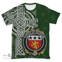 ScotsTee Shop Irish Wickham Coat of Arms Irish Family Crest T Shirt Irish Shamrock Celtic Cross Green T Shirt