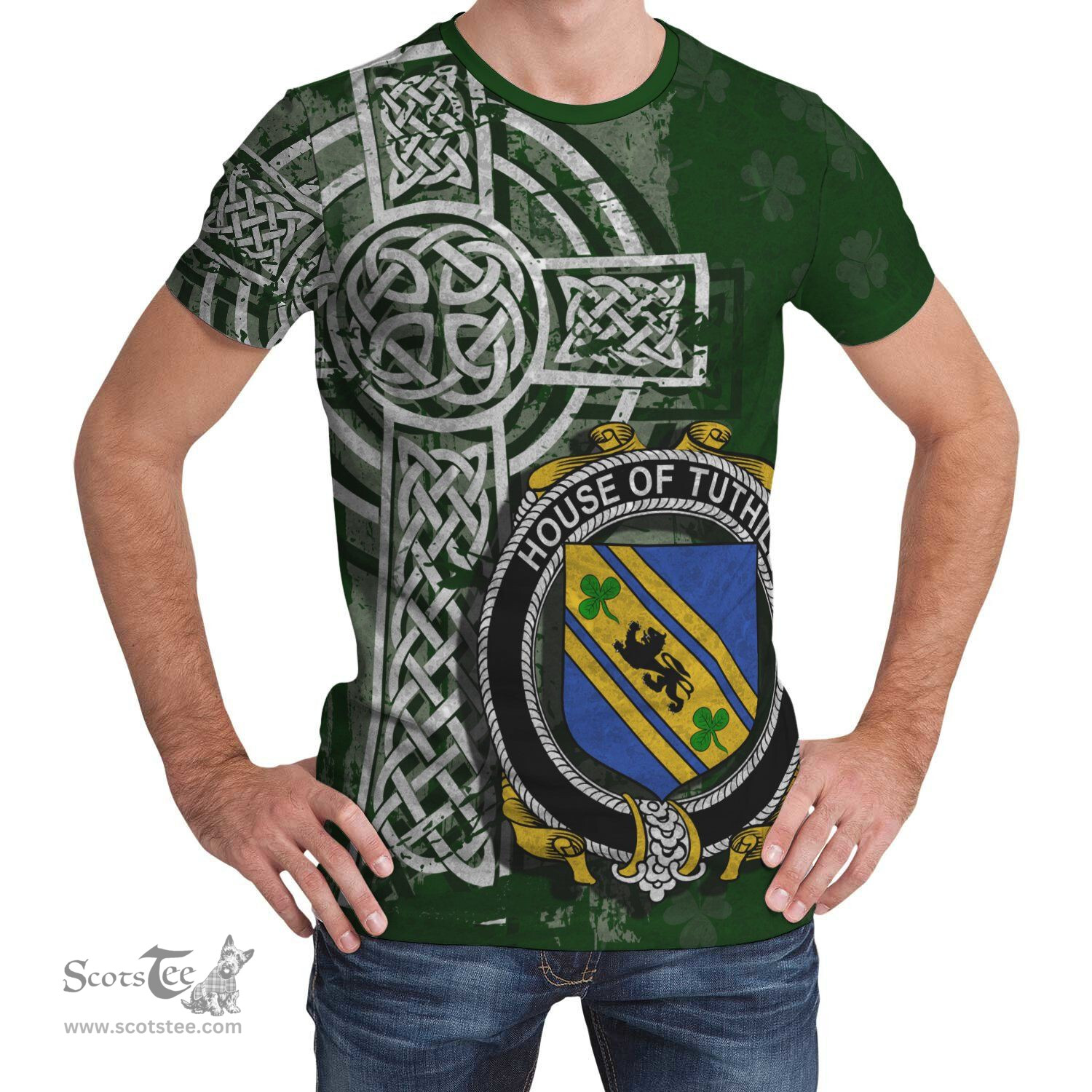 ScotsTee Shop Irish Tuthill Coat of Arms Irish Family Crest T Shirt Irish Shamrock Celtic Cross Green T Shirt