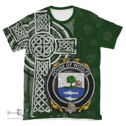 ScotsTee Shop Irish Woulfe Coat of Arms Irish Family Crest T Shirt Irish Shamrock Celtic Cross Green T Shirt