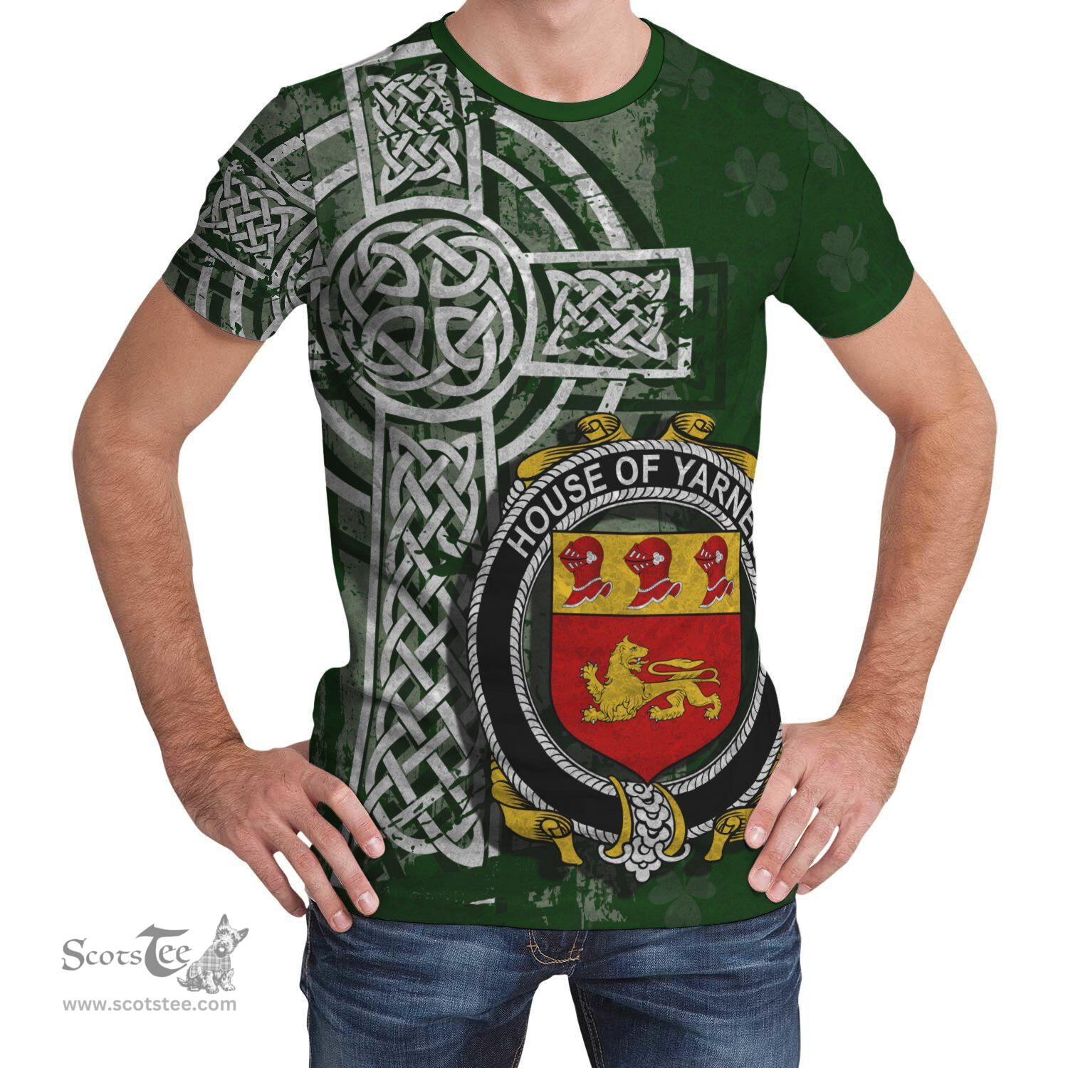 ScotsTee Shop Irish Yarner Coat of Arms Irish Family Crest T Shirt Irish Shamrock Celtic Cross Green T Shirt