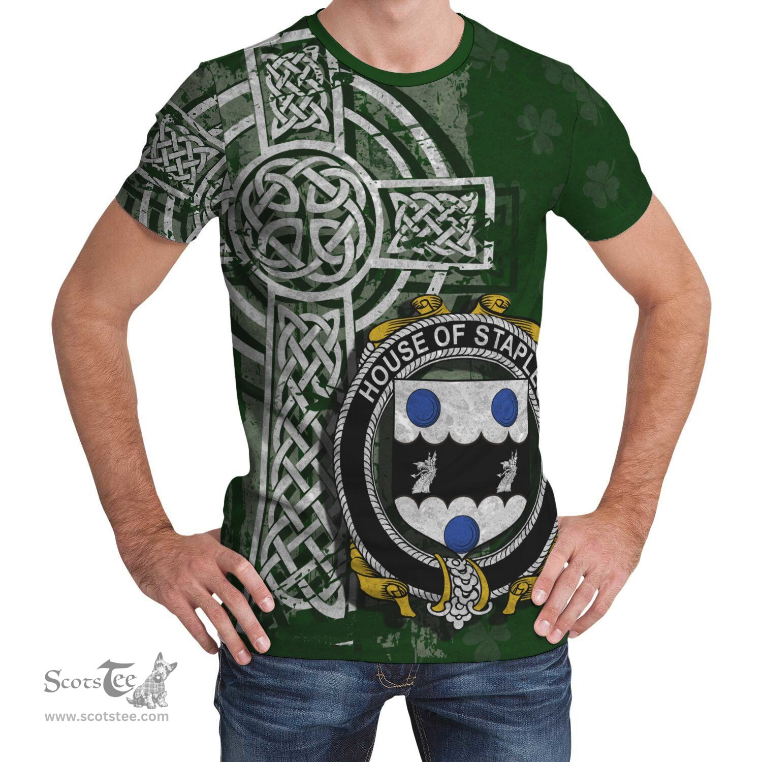 ScotsTee Shop Irish Staples Coat of Arms Irish Family Crest T Shirt Irish Shamrock Celtic Cross Green T Shirt