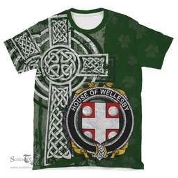 ScotsTee Shop Irish Wellesby Coat of Arms Irish Family Crest T Shirt Irish Shamrock Celtic Cross Green T Shirt