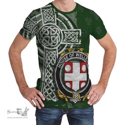 ScotsTee Shop Irish Wellesby Coat of Arms Irish Family Crest T Shirt Irish Shamrock Celtic Cross Green T Shirt