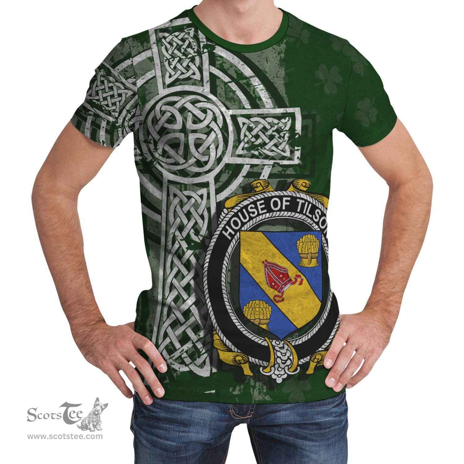 ScotsTee Shop Irish Tilson Coat of Arms Irish Family Crest T Shirt Irish Shamrock Celtic Cross Green T Shirt