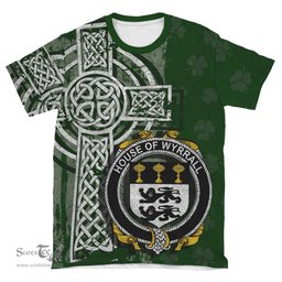 ScotsTee Shop Irish Wyrrall Coat of Arms Irish Family Crest T Shirt Irish Shamrock Celtic Cross Green T Shirt