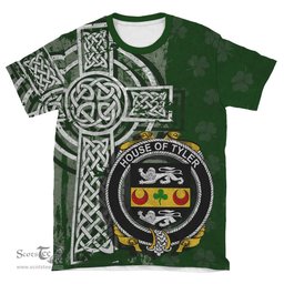 ScotsTee Shop Irish Tyler Coat of Arms Irish Family Crest T Shirt Irish Shamrock Celtic Cross Green T Shirt