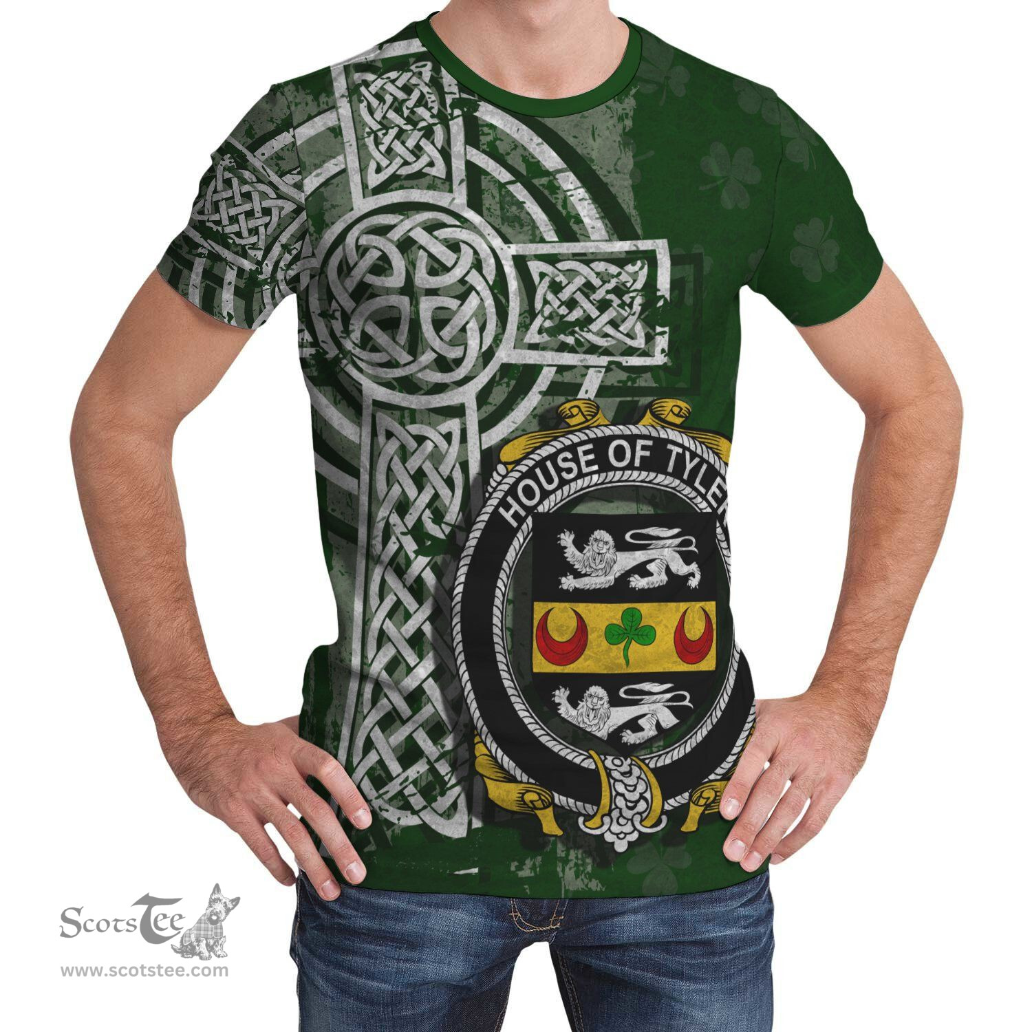 ScotsTee Shop Irish Tyler Coat of Arms Irish Family Crest T Shirt Irish Shamrock Celtic Cross Green T Shirt