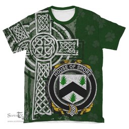 ScotsTee Shop Irish Shore Coat of Arms Irish Family Crest T Shirt Irish Shamrock Celtic Cross Green T Shirt