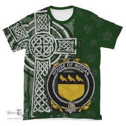 ScotsTee Shop Irish Wogan Coat of Arms Irish Family Crest T Shirt Irish Shamrock Celtic Cross Green T Shirt