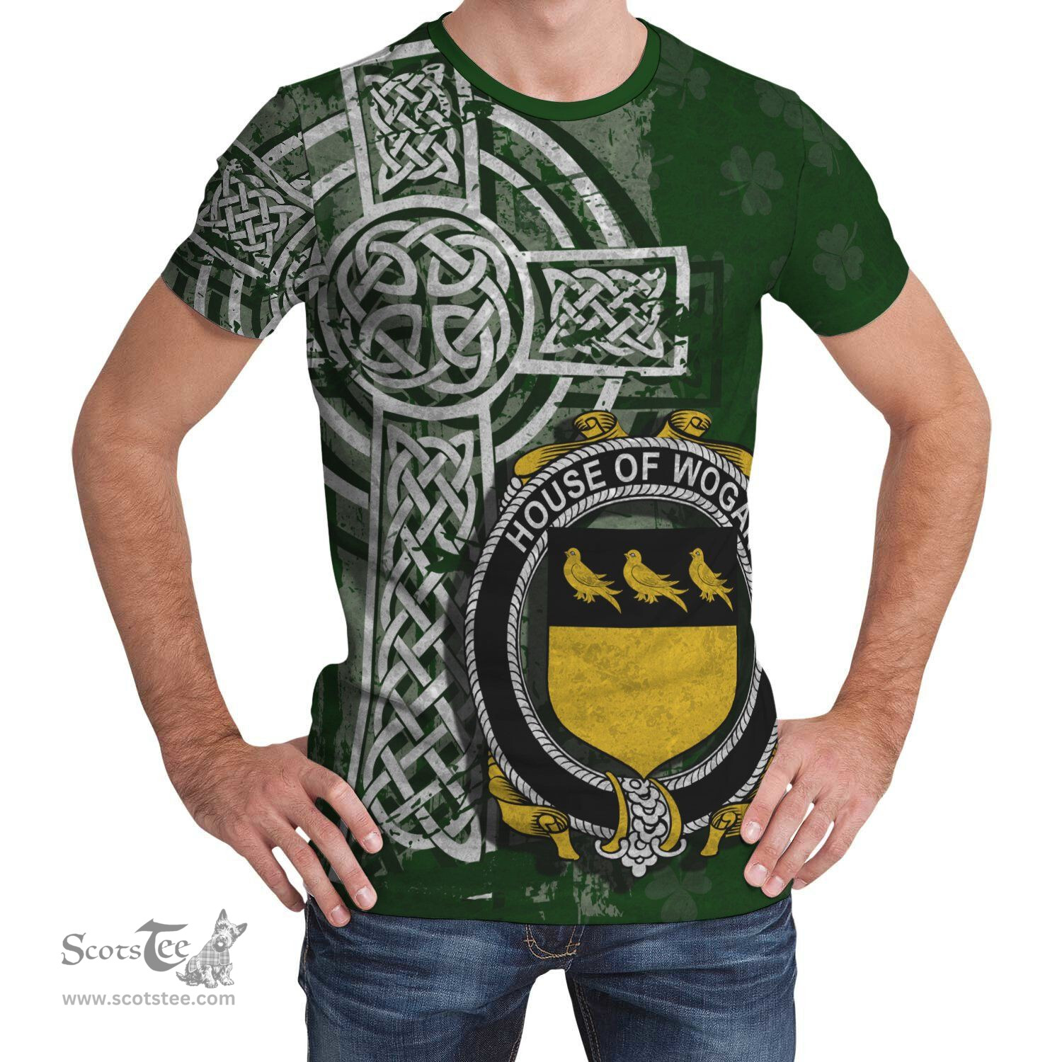 ScotsTee Shop Irish Wogan Coat of Arms Irish Family Crest T Shirt Irish Shamrock Celtic Cross Green T Shirt
