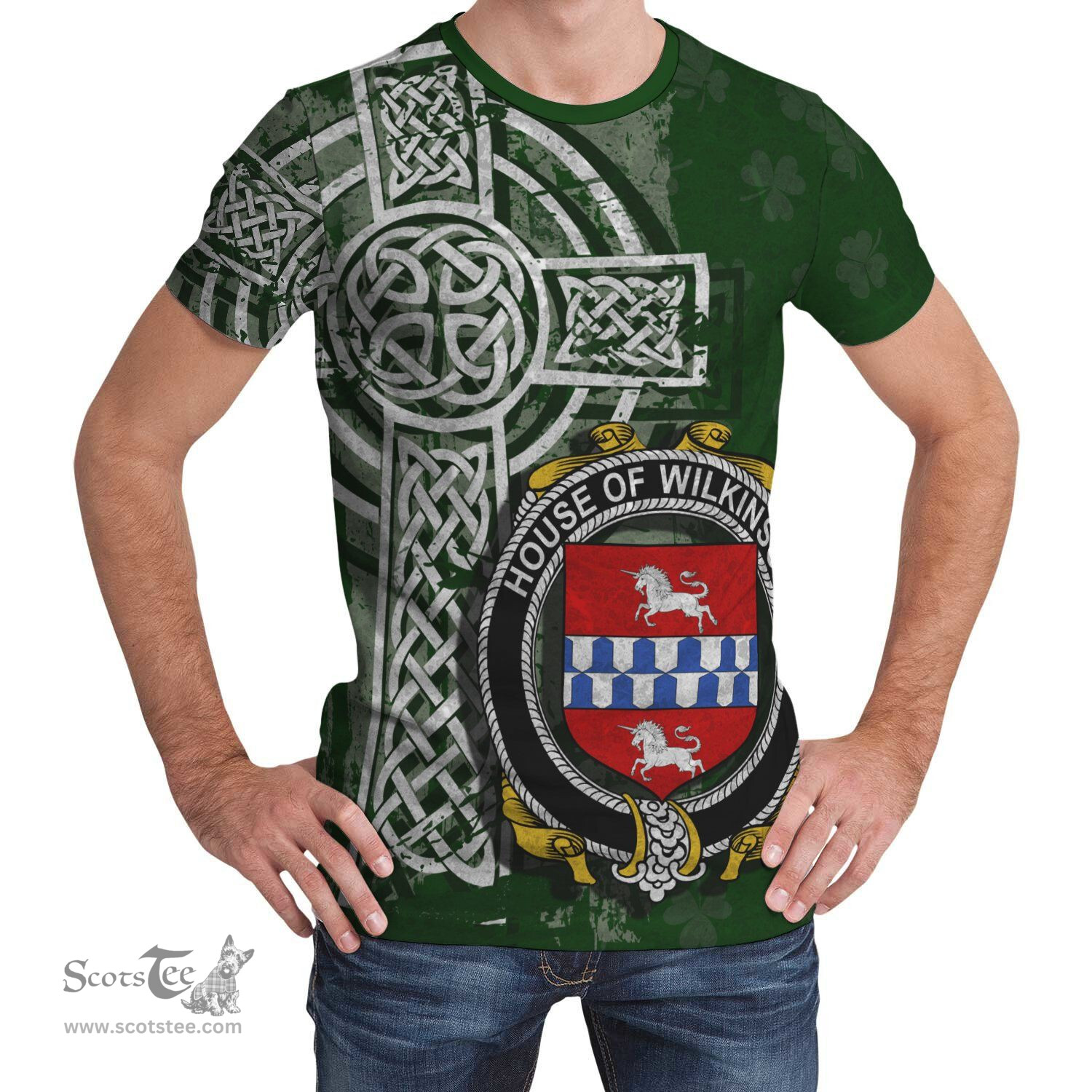 ScotsTee Shop Irish Wilkinson Coat of Arms Irish Family Crest T Shirt Irish Shamrock Celtic Cross Green T Shirt