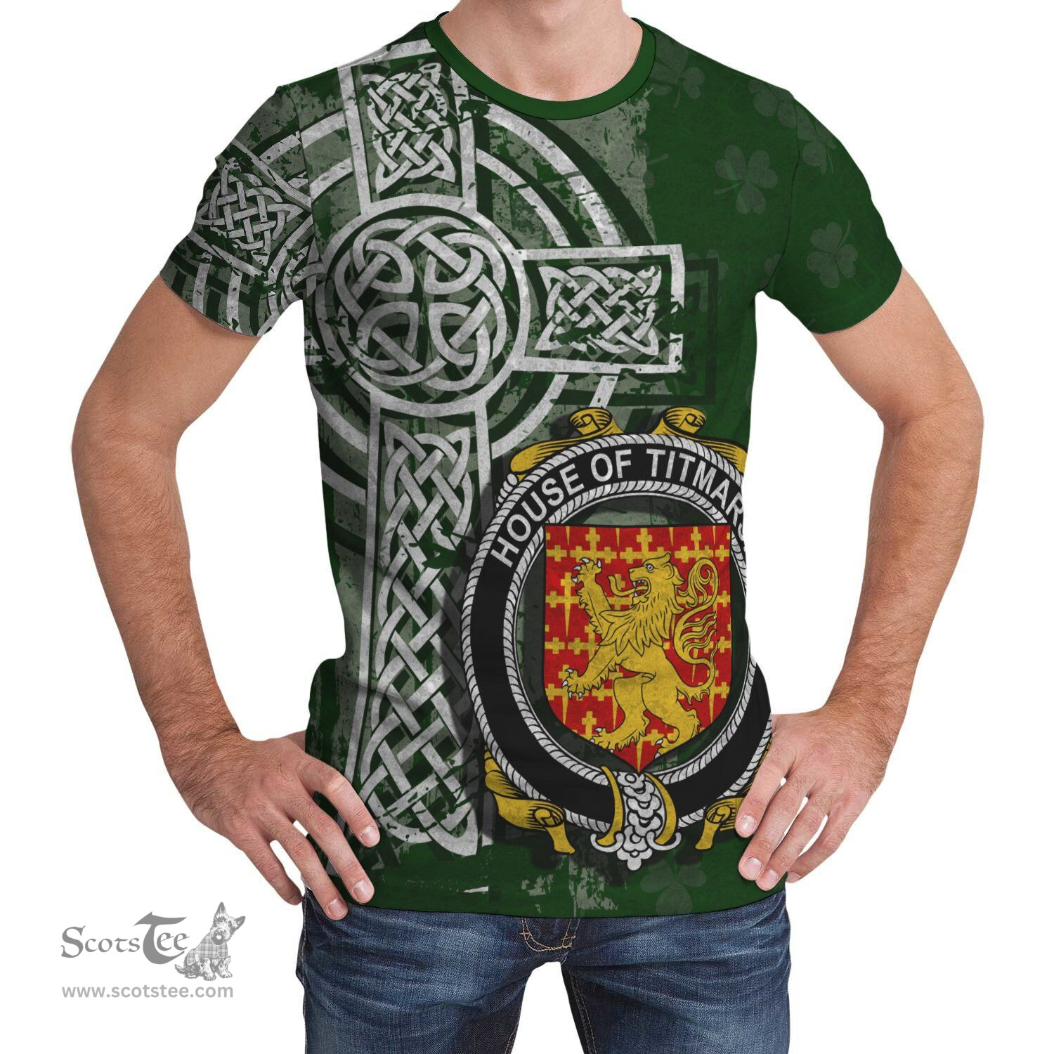 ScotsTee Shop Irish Titmarsh Coat of Arms Irish Family Crest T Shirt Irish Shamrock Celtic Cross Green T Shirt