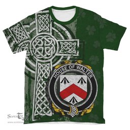 ScotsTee Shop Irish Walsh Coat of Arms Irish Family Crest T Shirt Irish Shamrock Celtic Cross Green T Shirt