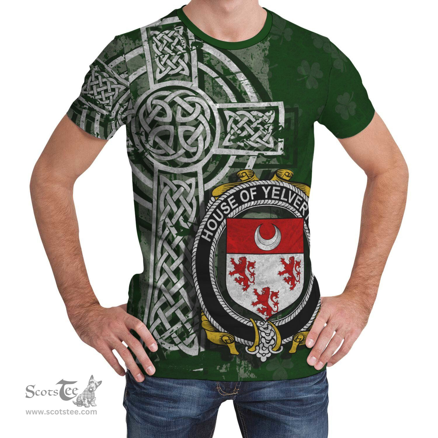 ScotsTee Shop Irish Yelverton Coat of Arms Irish Family Crest T Shirt Irish Shamrock Celtic Cross Green T Shirt
