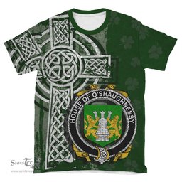 ScotsTee Shop Irish Shaughnessy or O'Shaughnessy Coat of Arms Irish Family Crest T Shirt Irish Shamrock Celtic Cross Green T Shirt
