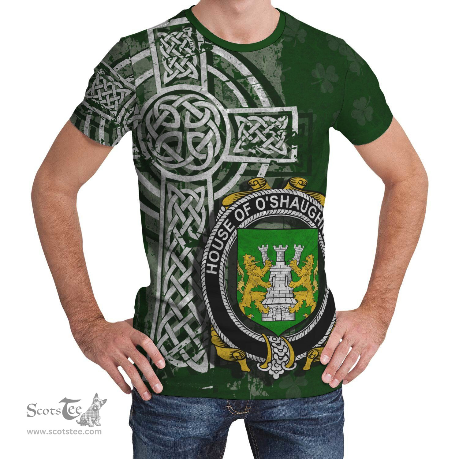ScotsTee Shop Irish Shaughnessy or O'Shaughnessy Coat of Arms Irish Family Crest T Shirt Irish Shamrock Celtic Cross Green T Shirt