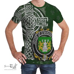 ScotsTee Shop Irish Shaughnessy or O'Shaughnessy Coat of Arms Irish Family Crest T Shirt Irish Shamrock Celtic Cross Green T Shirt