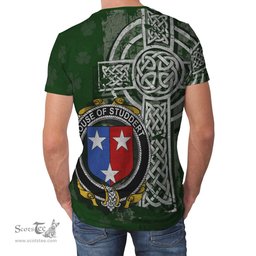 ScotsTee Shop Irish Studdert Coat of Arms Irish Family Crest T Shirt Irish Shamrock Celtic Cross Green T Shirt