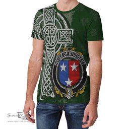 ScotsTee Shop Irish Studdert Coat of Arms Irish Family Crest T Shirt Irish Shamrock Celtic Cross Green T Shirt